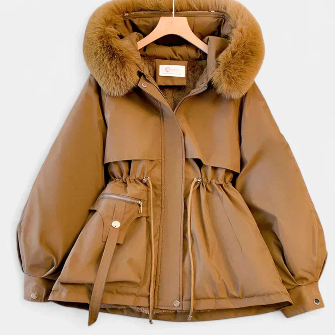 Women's Elegant Padded Winter Jacket Faux Fur Hood - Brown