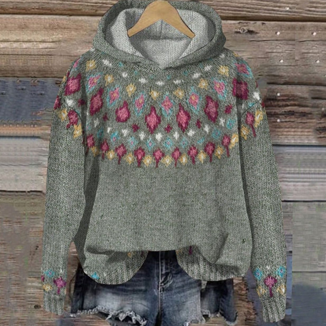 Women's Fair Isle Knit Hooded Winter Jumper - Grey
