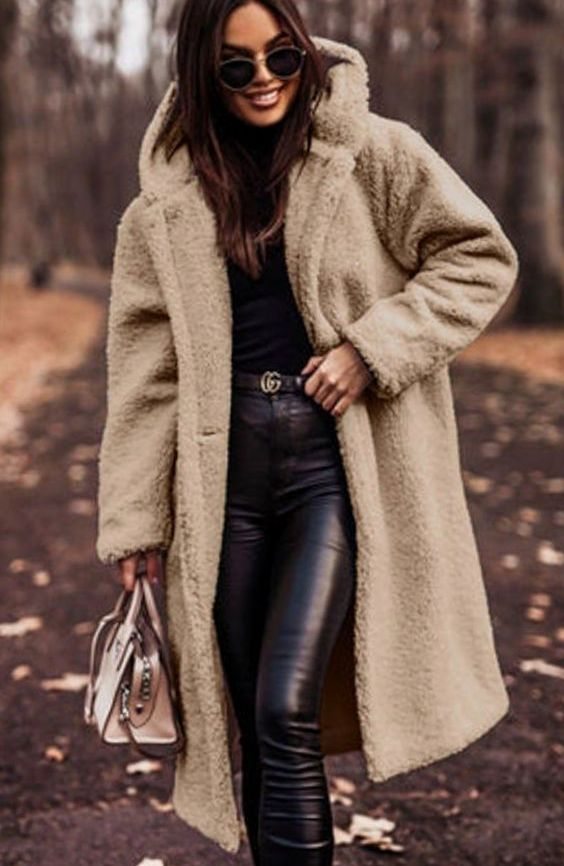 Women's Faux Fur Hooded Longline Winter Coat Fluffy Hood - Beige