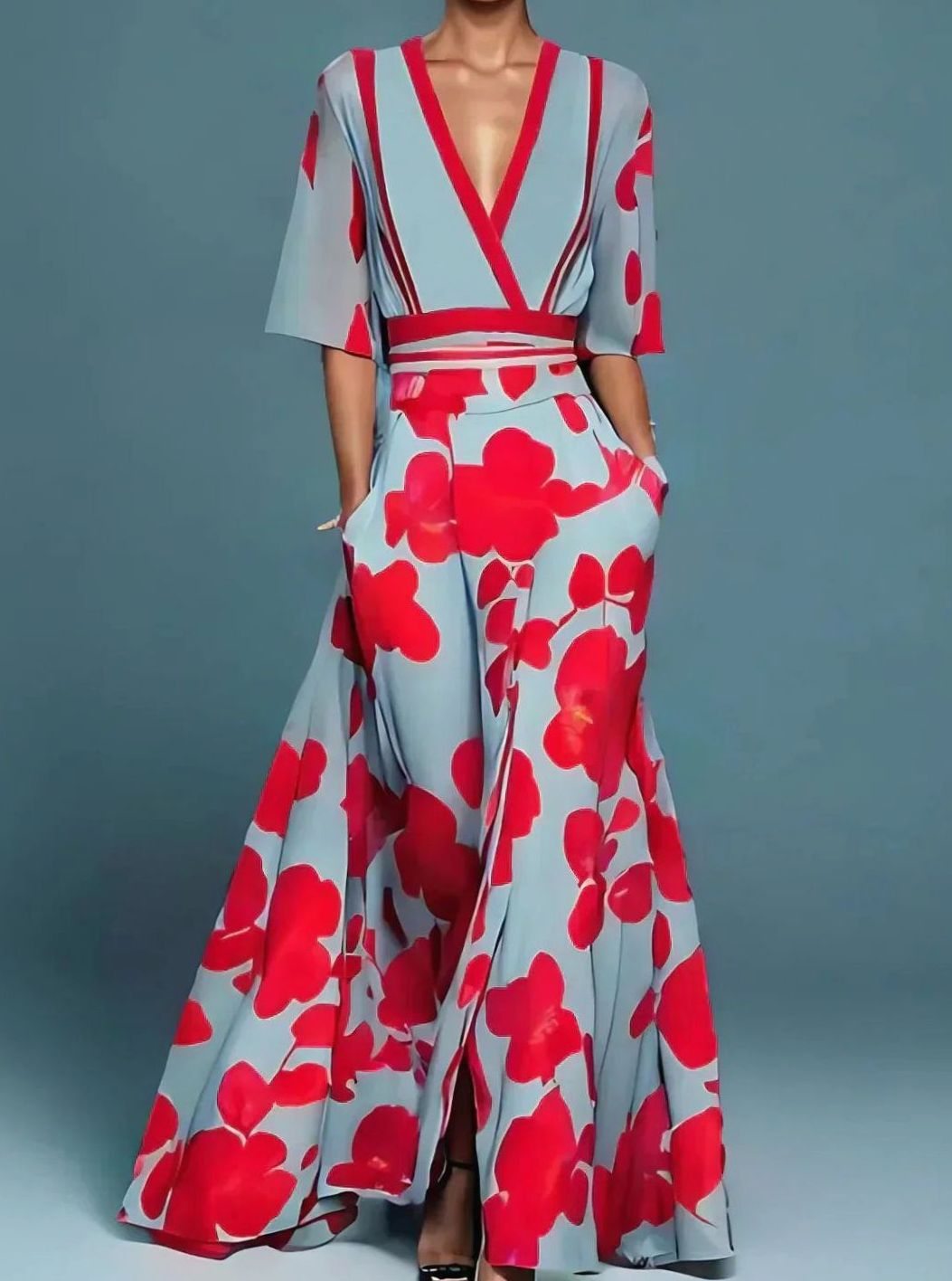 Women's Floral Deep V-Neck Half-Sleeve Wrap Maxi Dress - Red