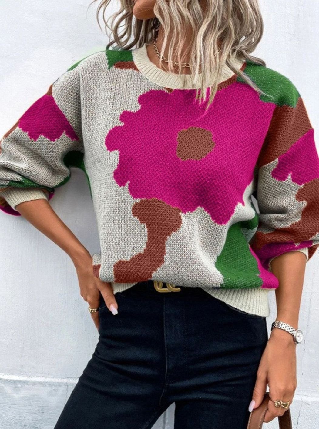 Women's Floral Print Relaxed-Fit Knit Pullover Sweater - Red
