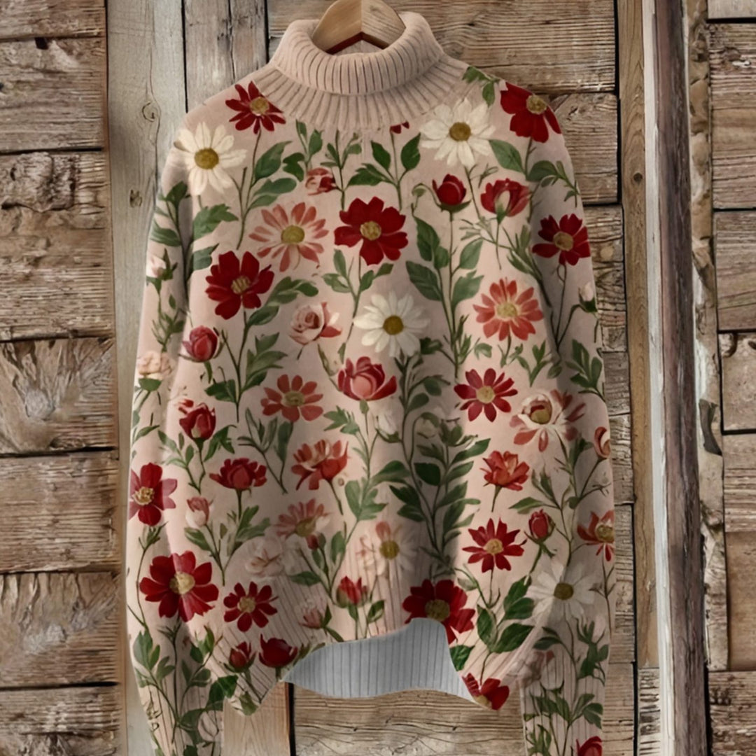 Women's Floral Print Turtleneck Relaxed-Fit Knit Jumper