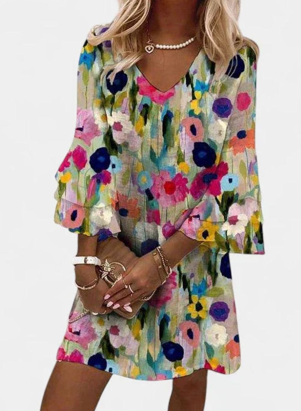 Women's Floral V-Neck Ruffle-Sleeve Elegant Mini Dress - Multi-Coloured