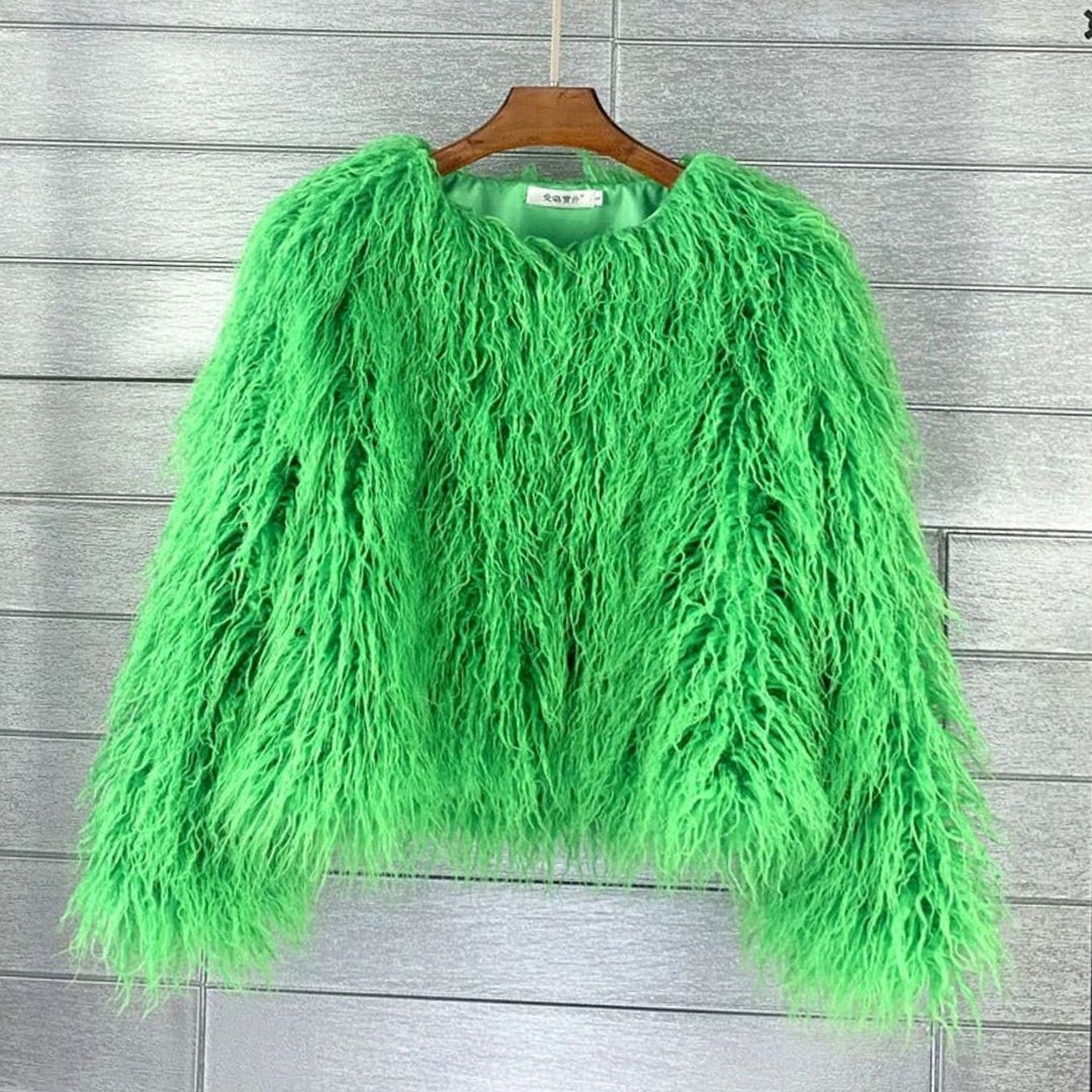 Women's Fluffy Shaggy Faux Fur Cropped Oversized Winter Jacket - Green