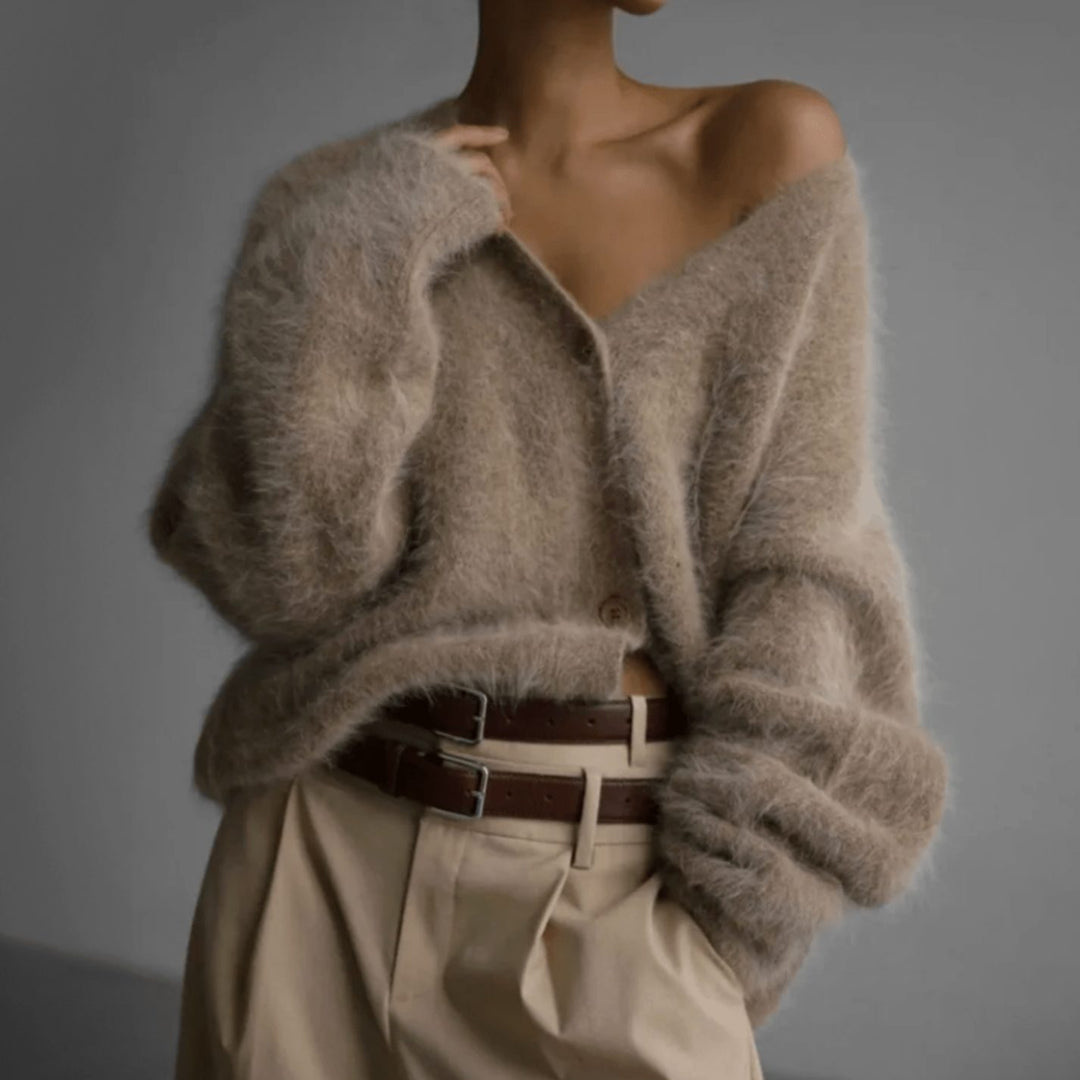 Women's Fluffy V-Neck Button-Front Oversized Knit Cardigan - Natural Beige