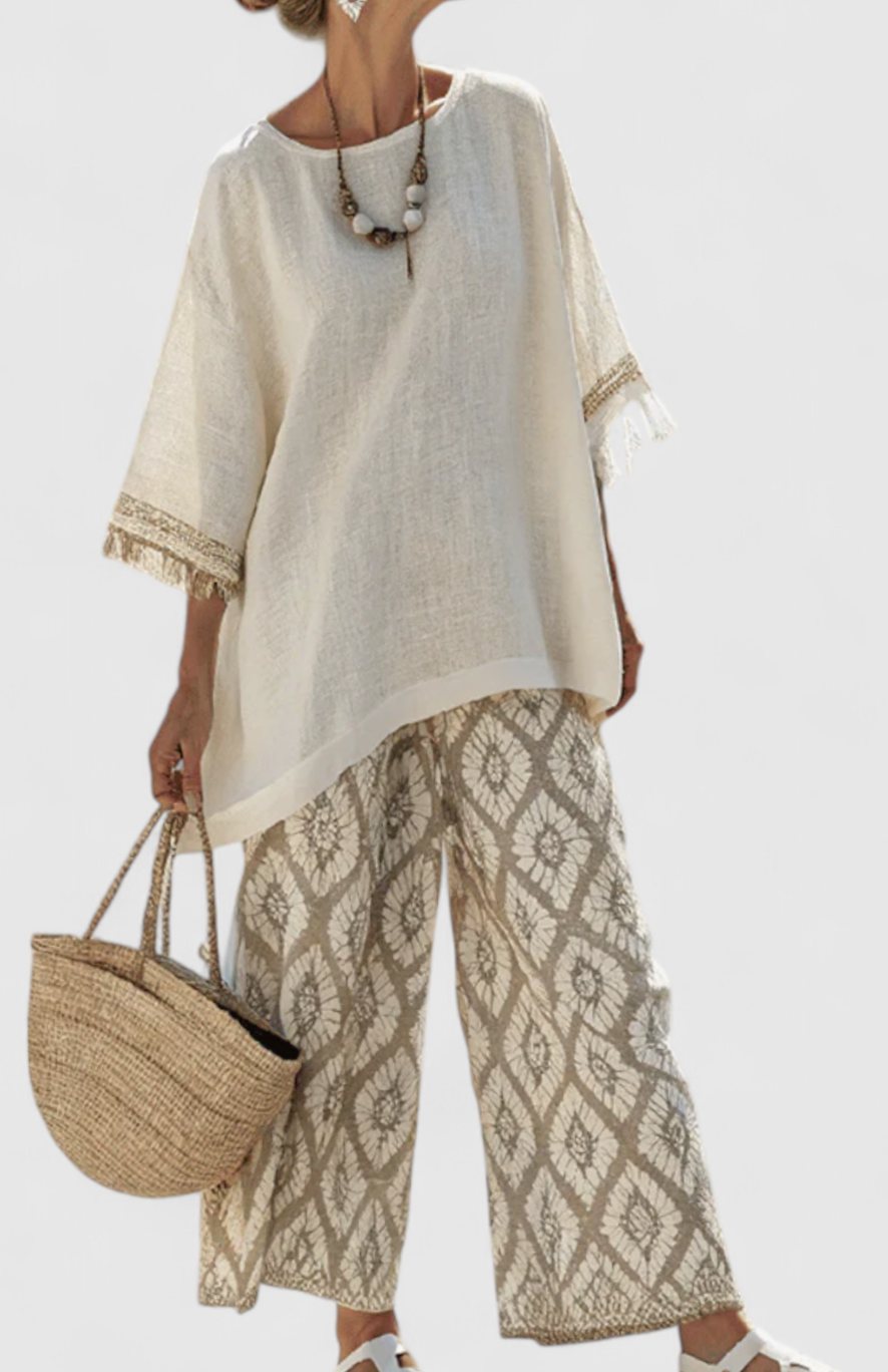 Women's Fringe-Trim Linen-Look Wide-Leg Trouser Set - Multi Coloured Stripes