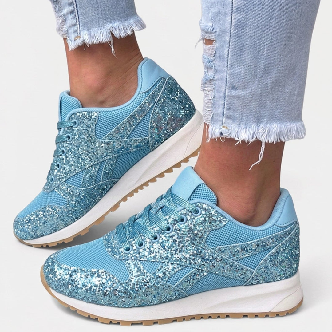 Women's Glitter Mesh Lace-Up Comfort Trainers - Blue