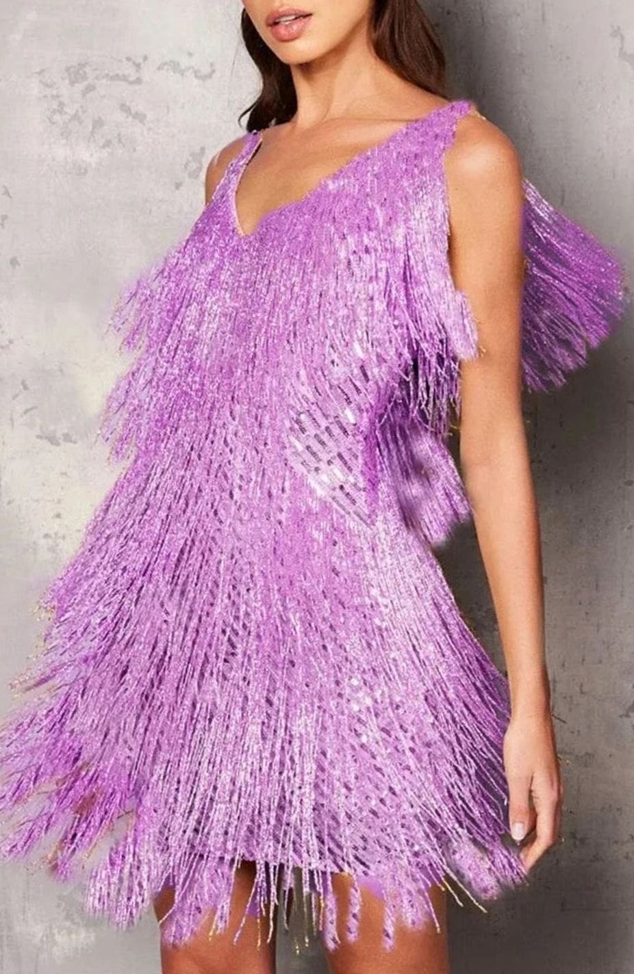 Women's Glittery Fringe Party Mini Dress V-Neck Sleeveless - Lilac