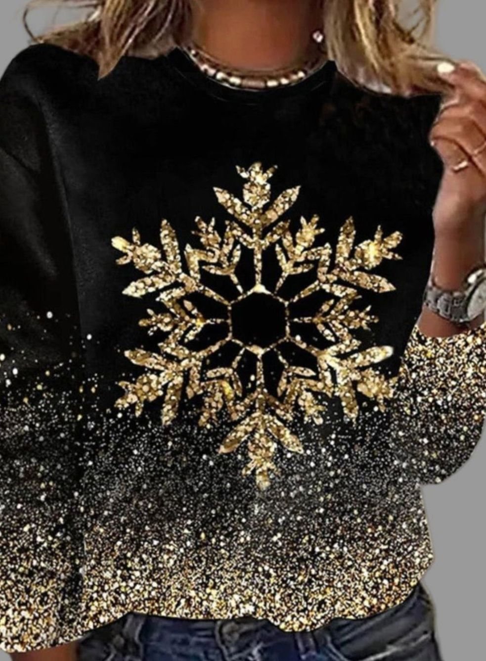 Women's Gold Snowflake Print Festive Christmas Jumper