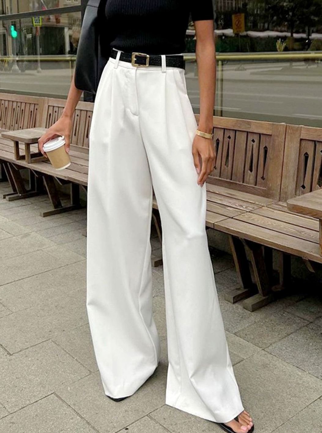 Women's High-Waist Pleated Wide-Leg Trousers Belt Included - White