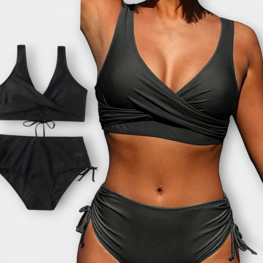 Women's High-Waist Wrap-Front Two Piece Bikini Set - Black