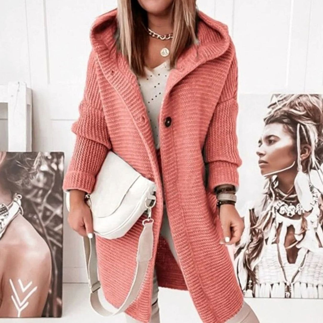 Women's Hooded Open-Front Longline Winter Cardigan - Salmon Pink