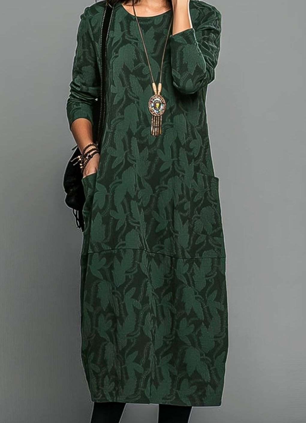 Women's Jacquard Long-Sleeve Midi Winter Dress Plus Size - Green