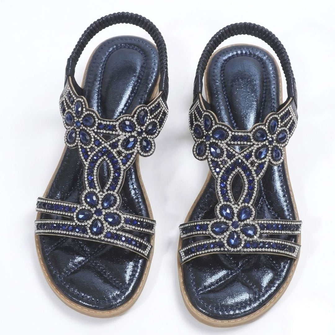 Women's Jewel-Embellished Dressy Flat Sandals Slingback - Navy Blue