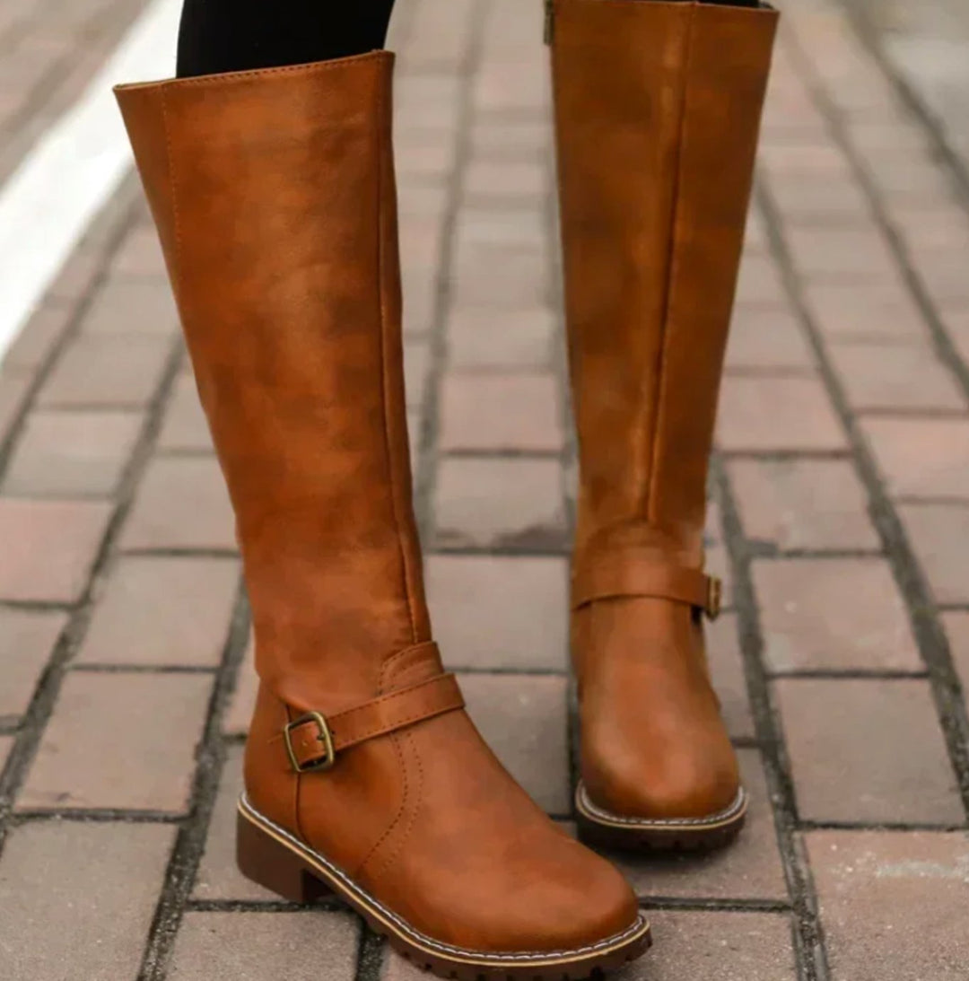 Women's Knee-High Buckle-Strap Block Heel Riding Boots