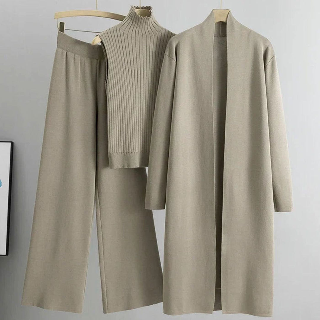 Women's Knit Three-Piece Cardigan Wide-Leg Trouser Set - Light Beige