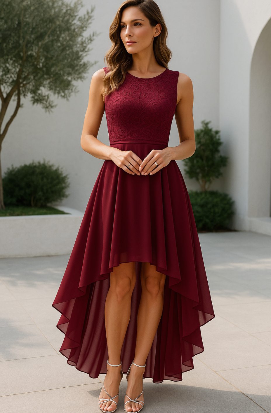 Women's Lace Bodice Sleeveless High-Low Occasion Dress - Deep Red