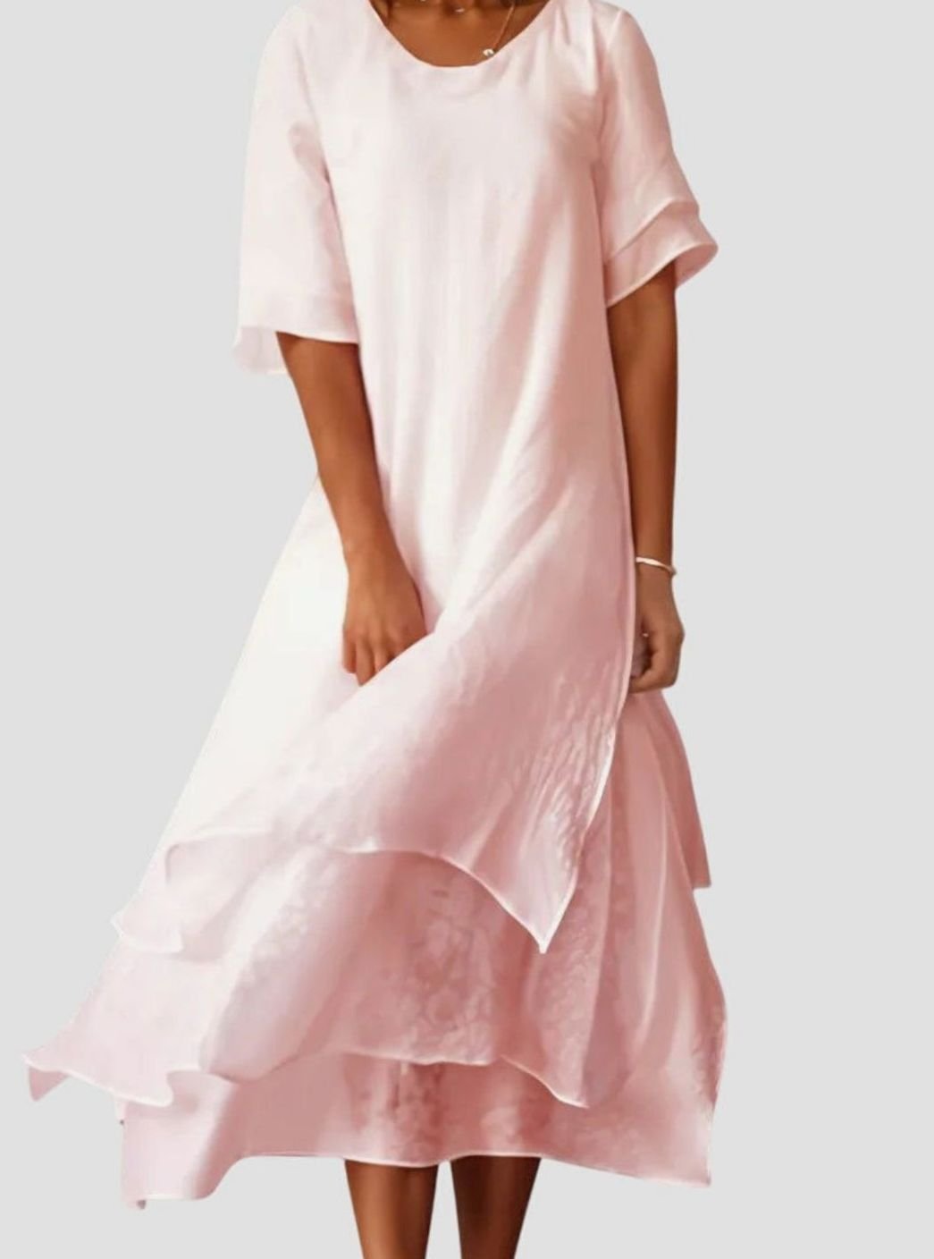 Women's Layered-Hem Short-Sleeve Midi Dress - Pink