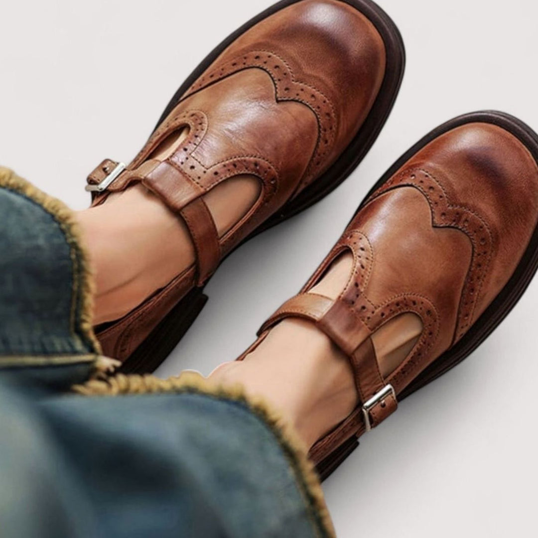 Women's Leather Brogue T-Bar Mary Jane Shoes - Brown