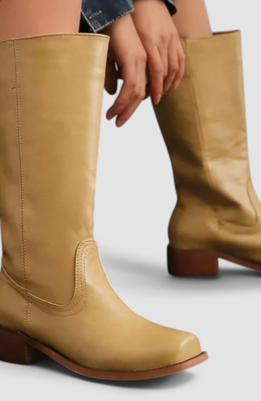 Women's Leather Knee-High Boots Stacked Block Heel