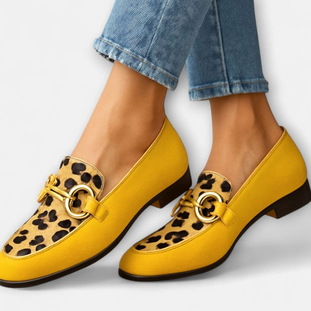 Women's Leopard Print Gold-Buckle Slip-On Loafers - Yellow