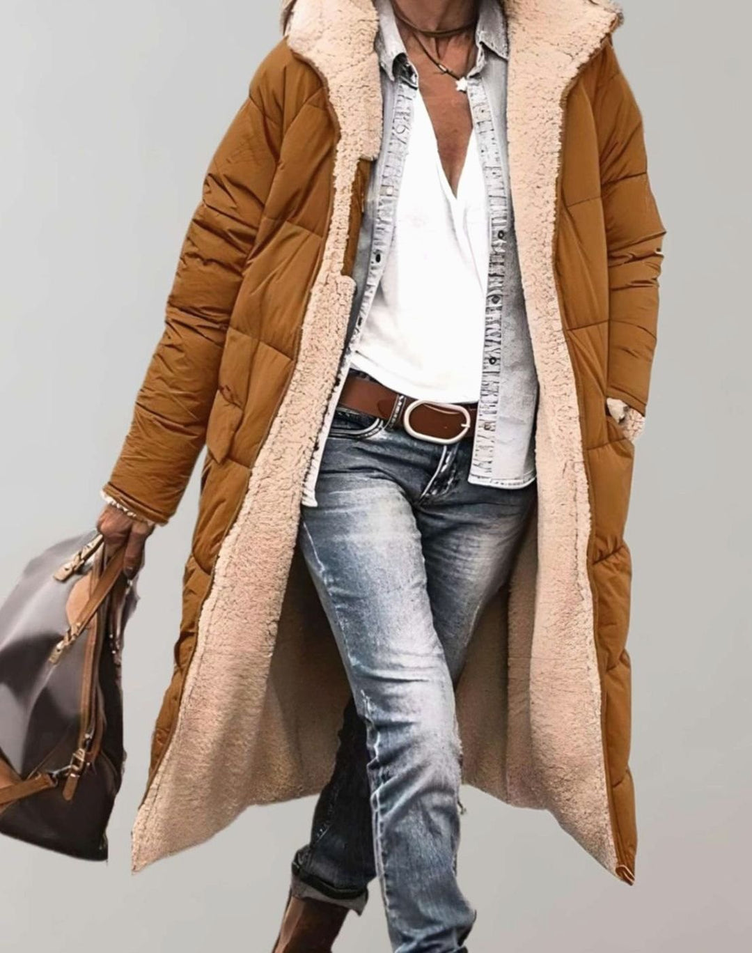 Women's Long Fleece-Lined Quilted Coat Hooded Puffer Jacket - Brown