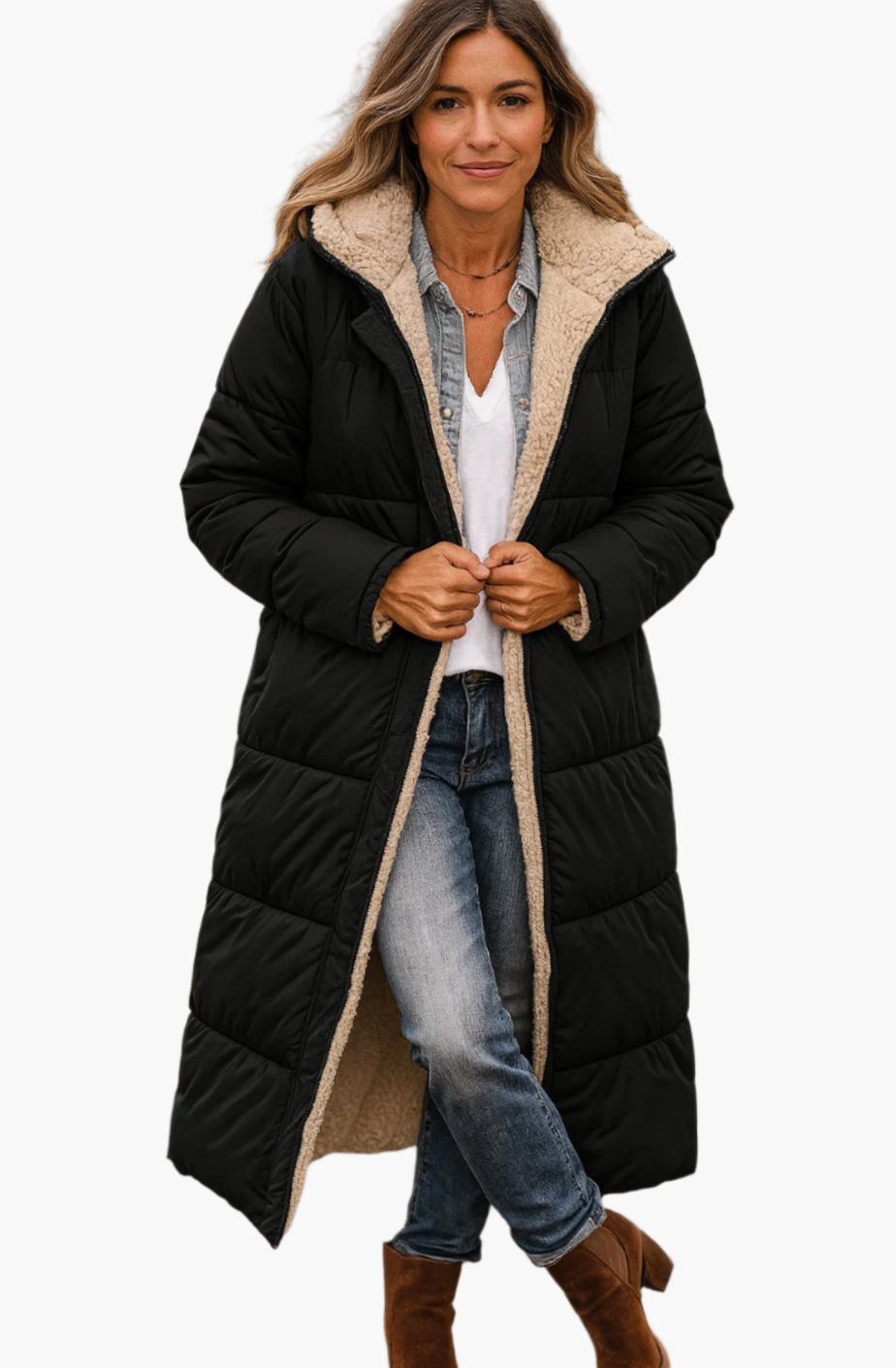 Women's Long Hooded Sherpa-Lined Puffer Winter Jacket - Black