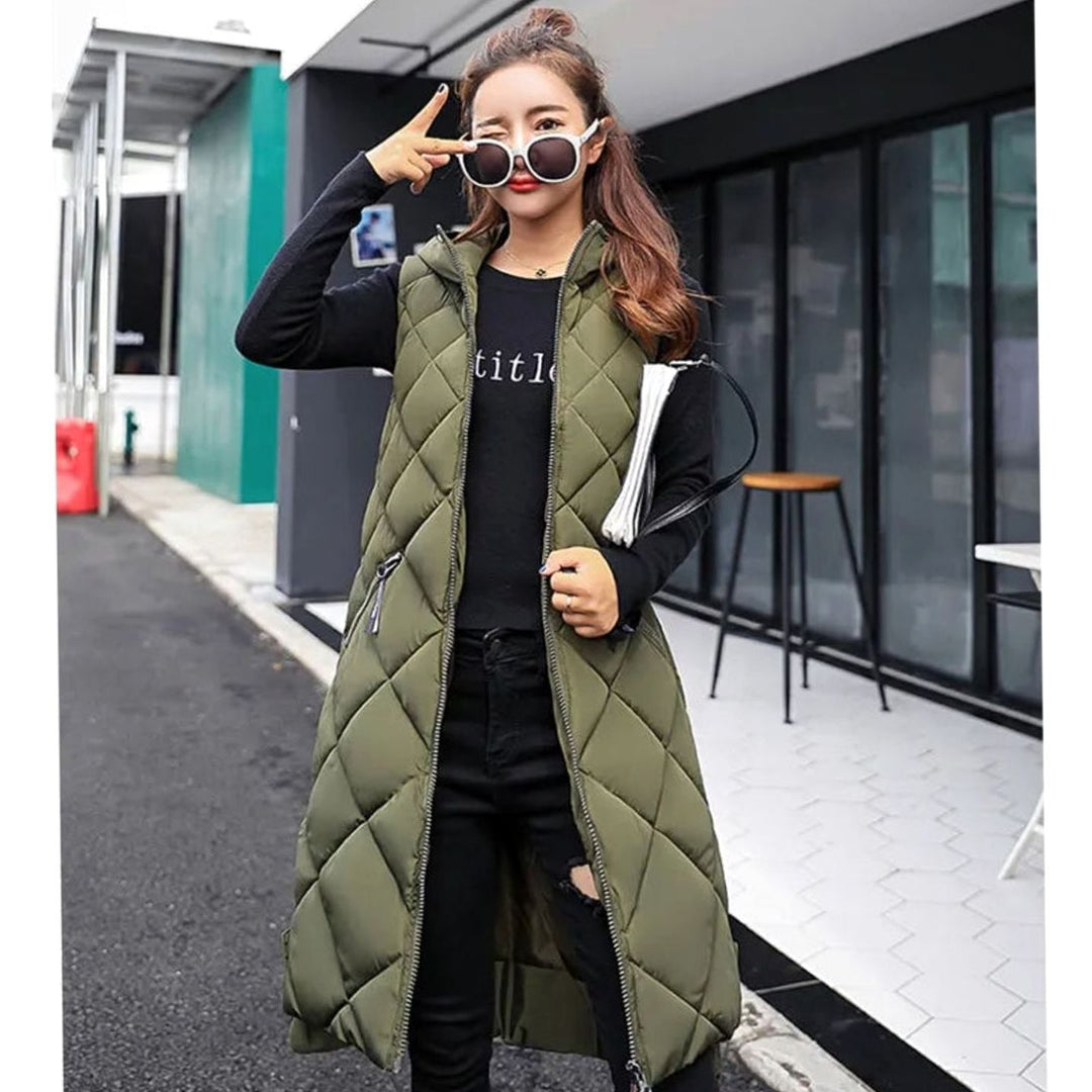 Women's Long Quilted Sleeveless Hooded Vest Gilet - Army Green
