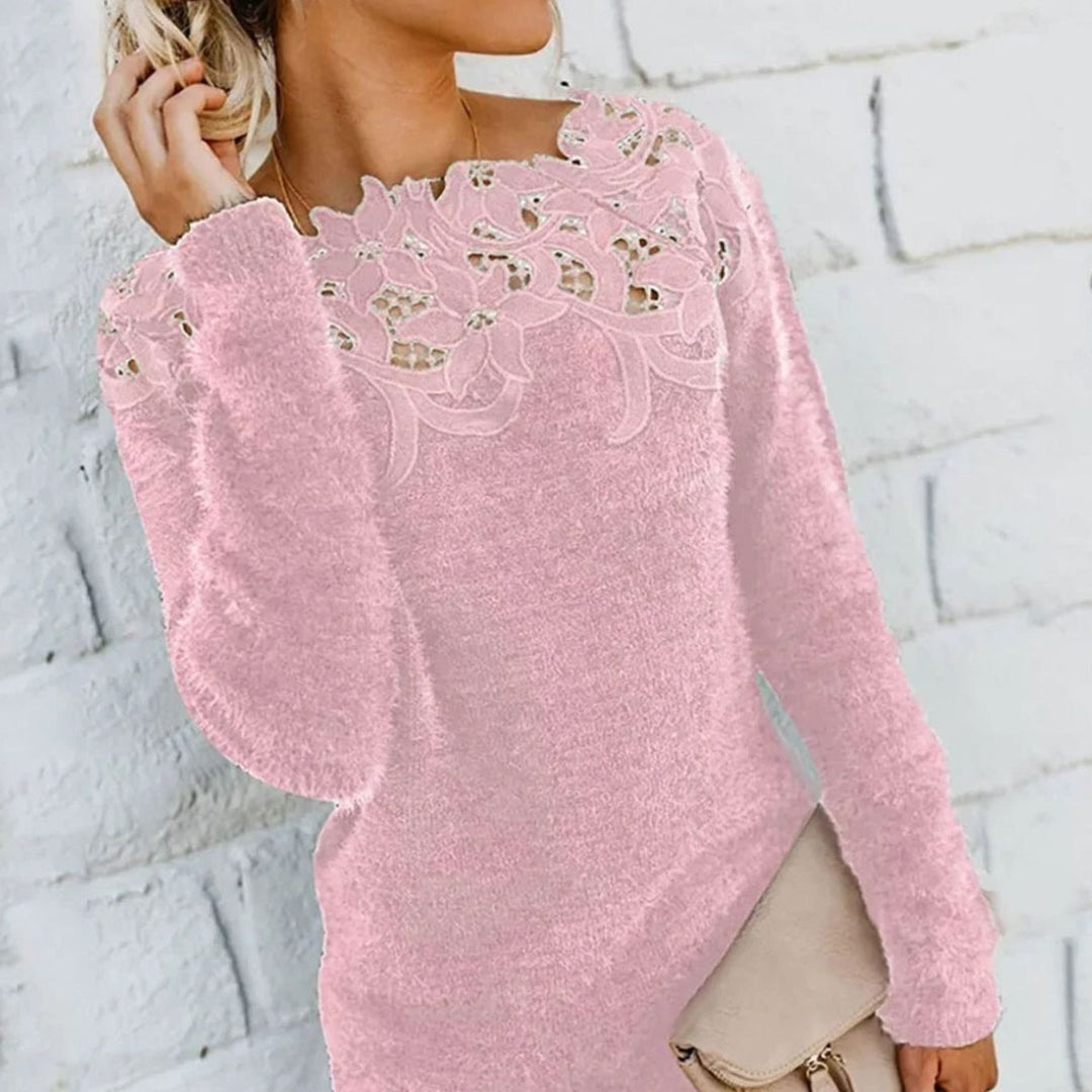 Women's Long Sleeve Floral Lace-Trim Fluffy Knit Sweater - Pink