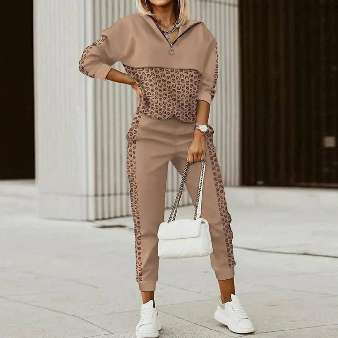 Women's Long-Sleeve Quarter-Zip Monogram Tracksuit Set - Brown