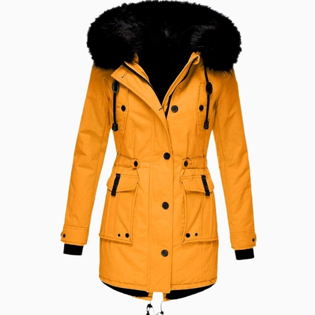 Women's Longline Faux Fur Hood Drawstring Winter Parka Jacket - Gold