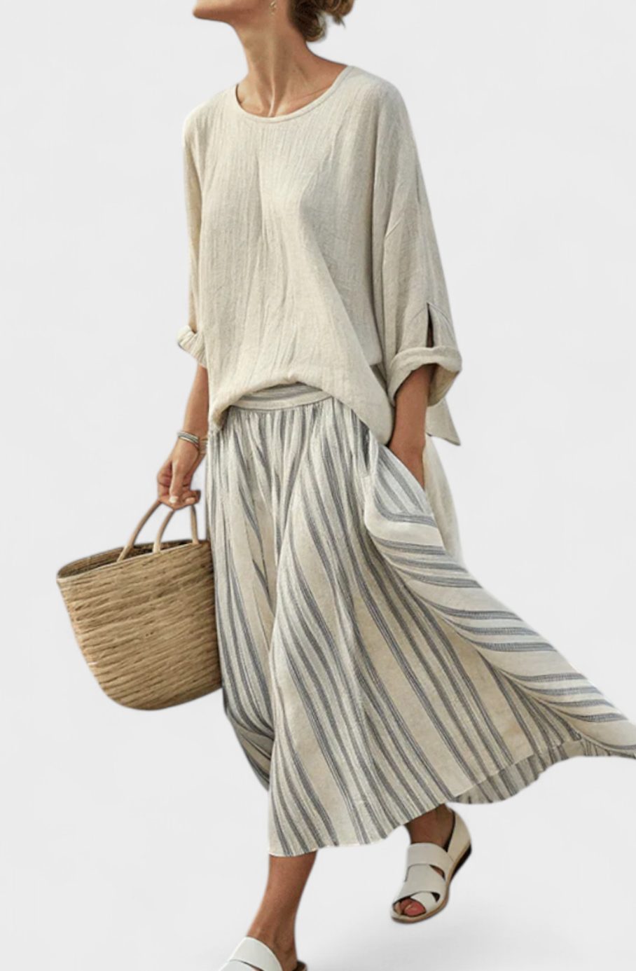 Women's Loose Blouse Striped Midi Skirt Two-Piece Linen Set - Beige