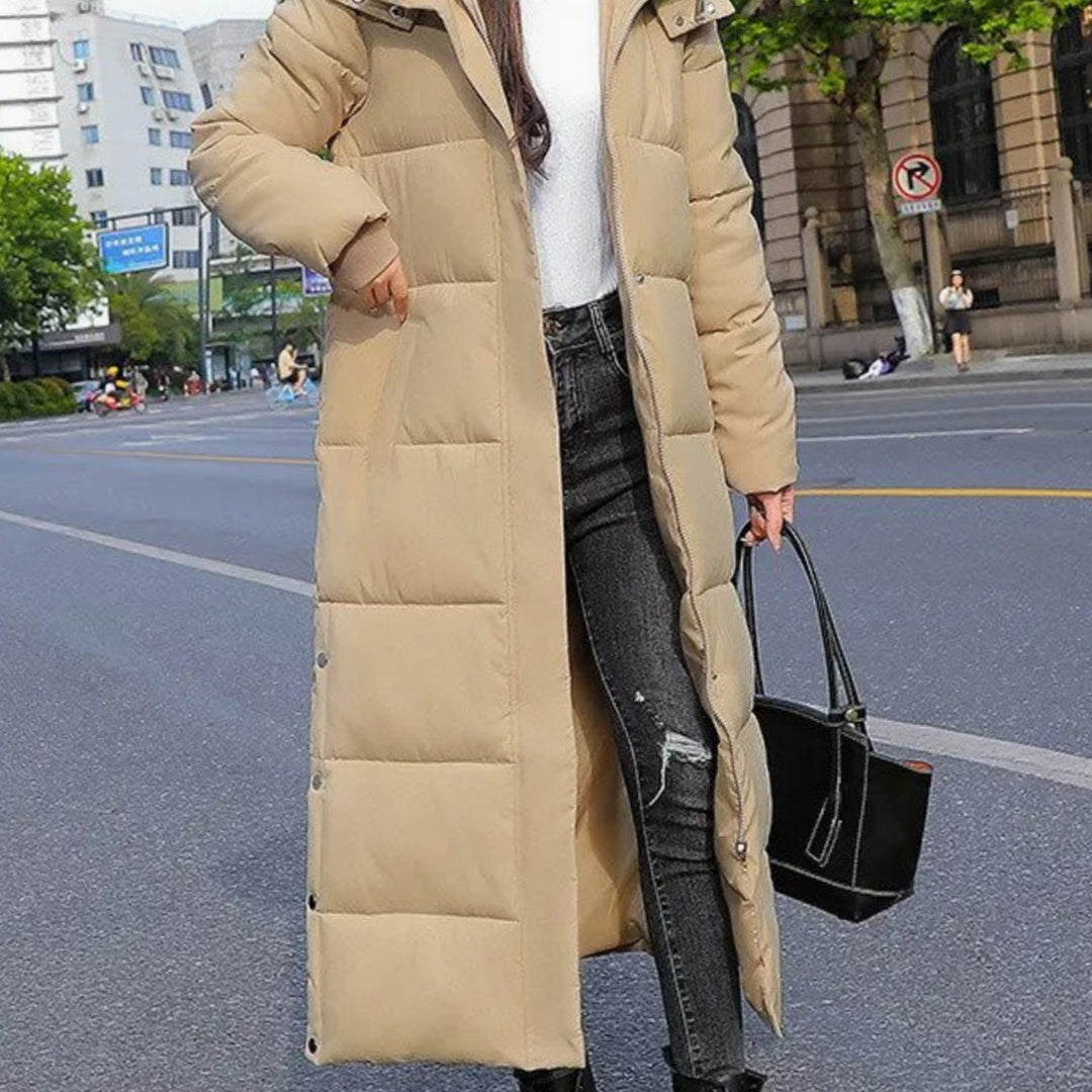 Women's Maxi-Length Padded Puffer Coat Insulated Winter Jacket - Khaki