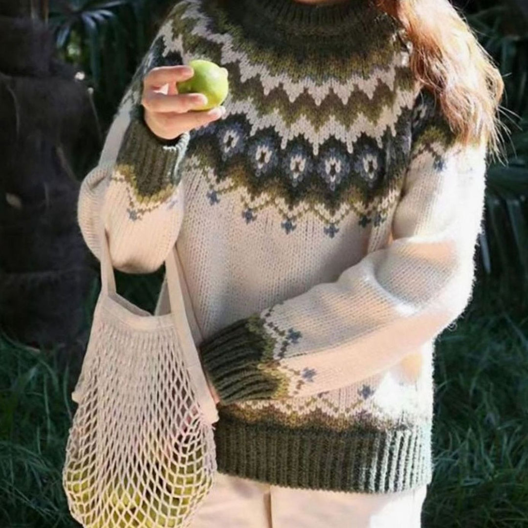 Women's Nordic Fair Isle Pattern Sweater Relaxed Fit Jumper - Green