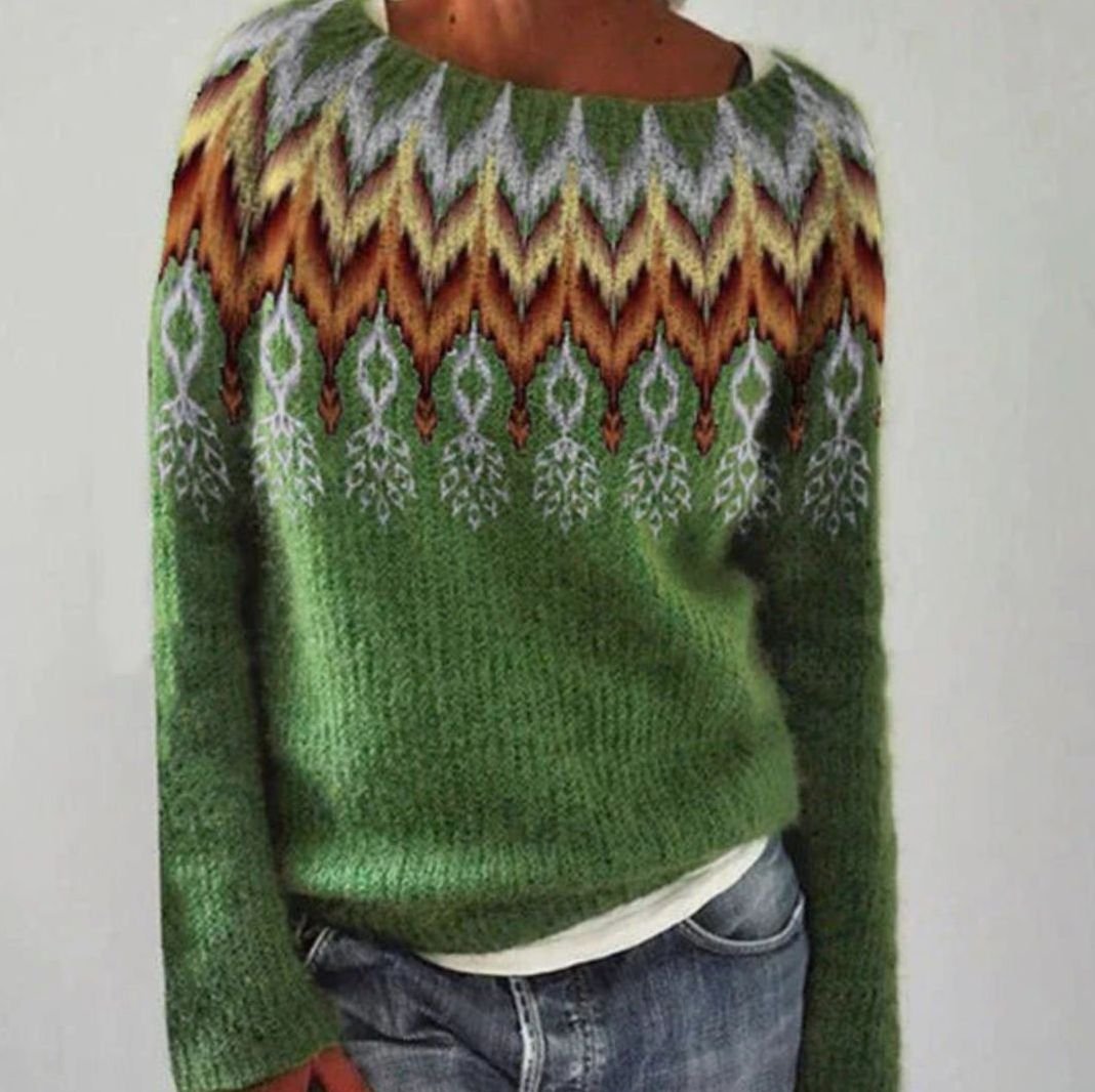 Women's Nordic Fair Isle Relaxed-Fit Round-Neck Knit Jumper - Green