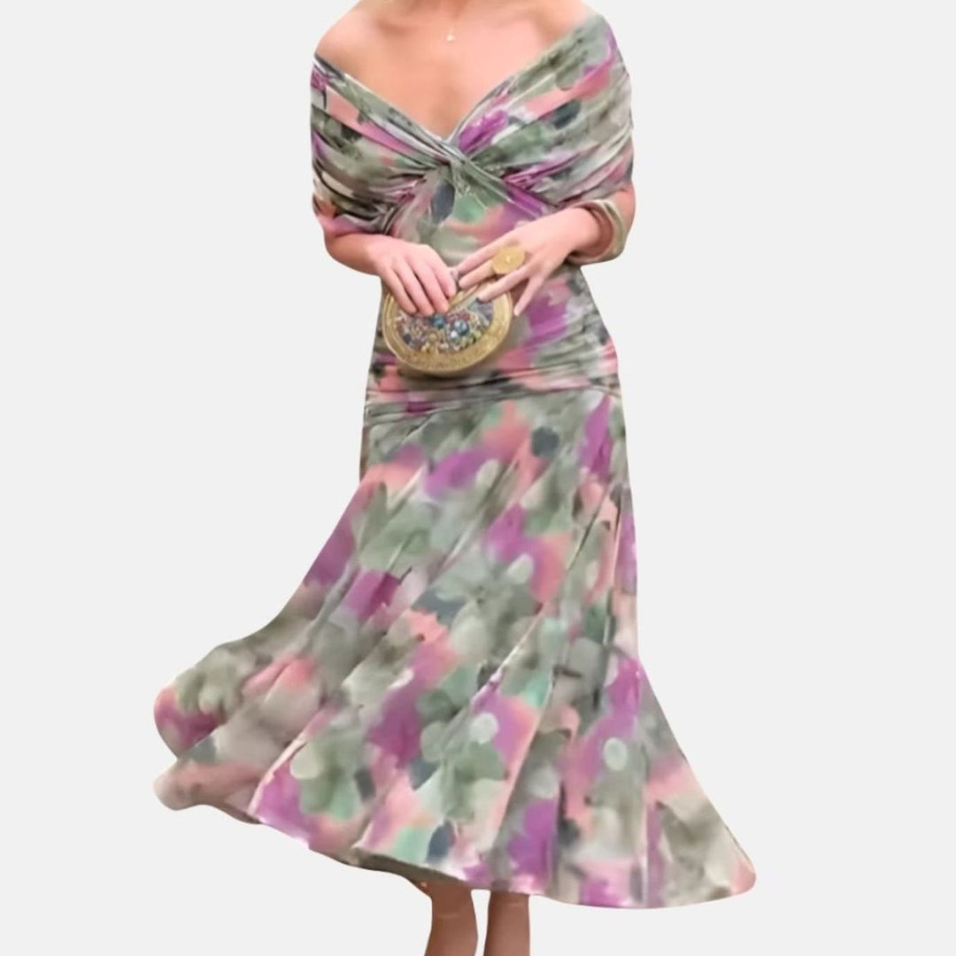 Women's Off-Shoulder Ruched Floral Midi Evening Dress