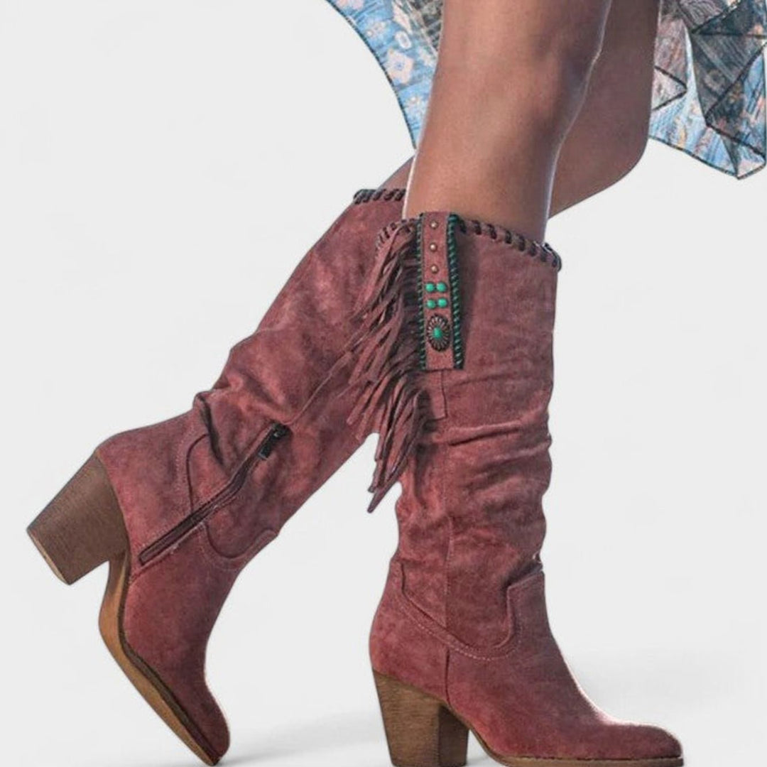 Women's Orthopaedic Fringed Block-Heel Knee-High Western Boots - Red