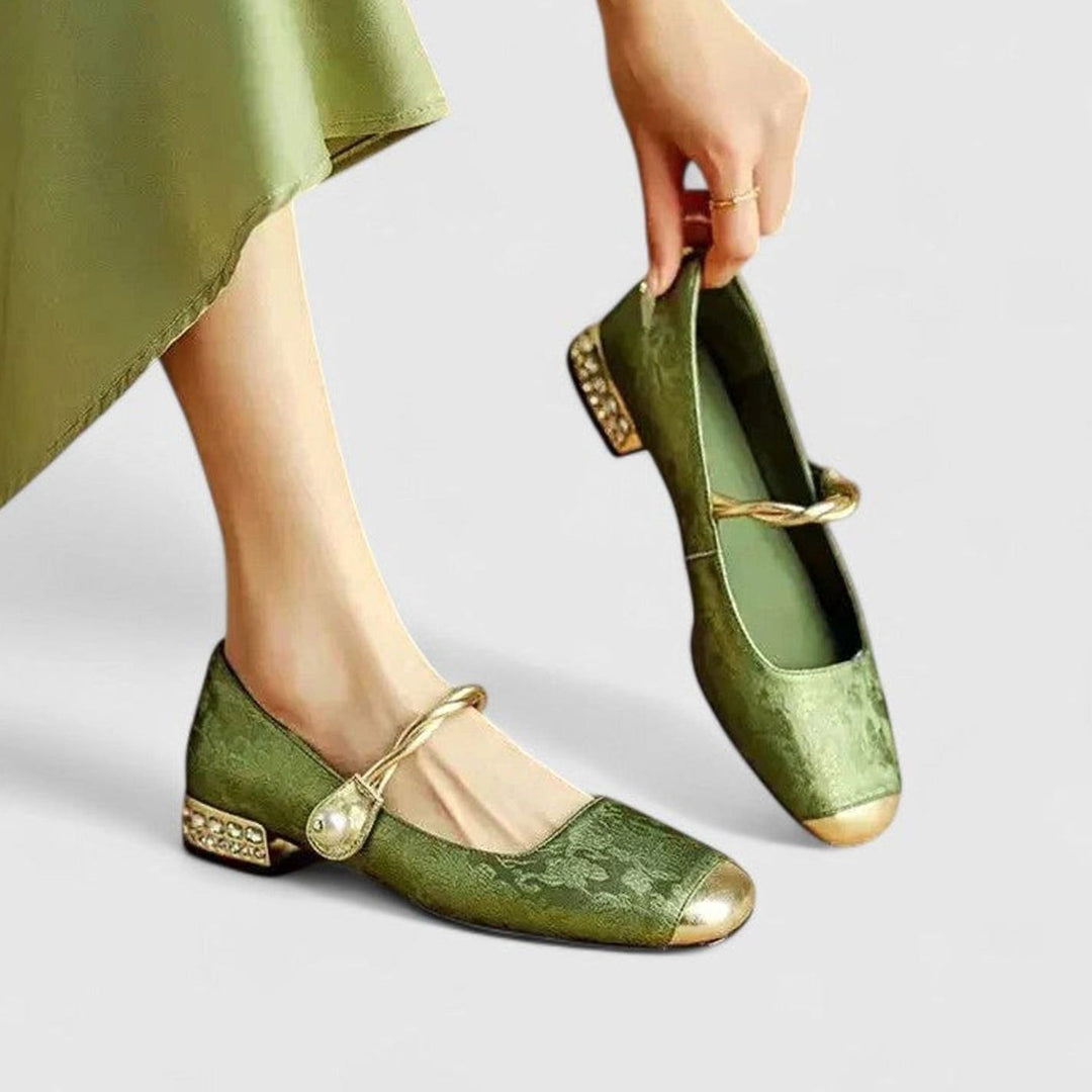 Women's Orthopedic Low-Heel Mary Jane Shoes Square-Toe Buckle Strap - Green