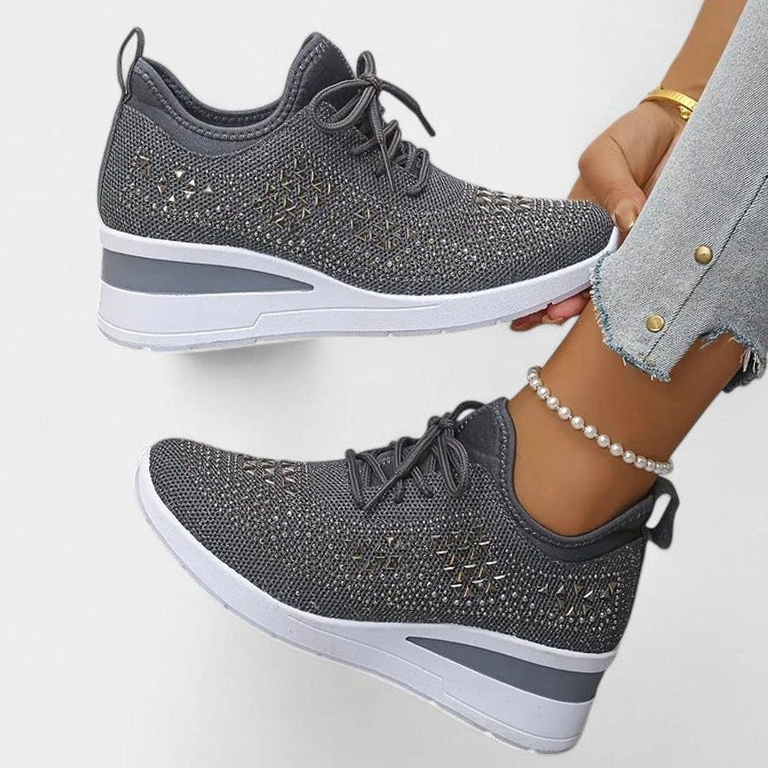 Women's Orthopedic Rhinestone Knit Lace-Up Wedge Trainers - Grey