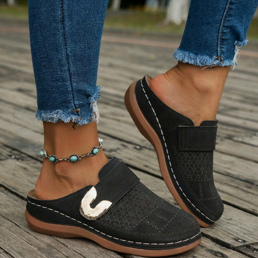 Women's Orthopedic Velcro Slip-On Mule Slippers Honeycomb Detail - Black