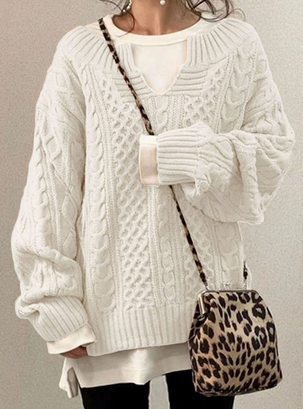 Women's Oversized Cable Knitted Jumper V-Neck Pullover