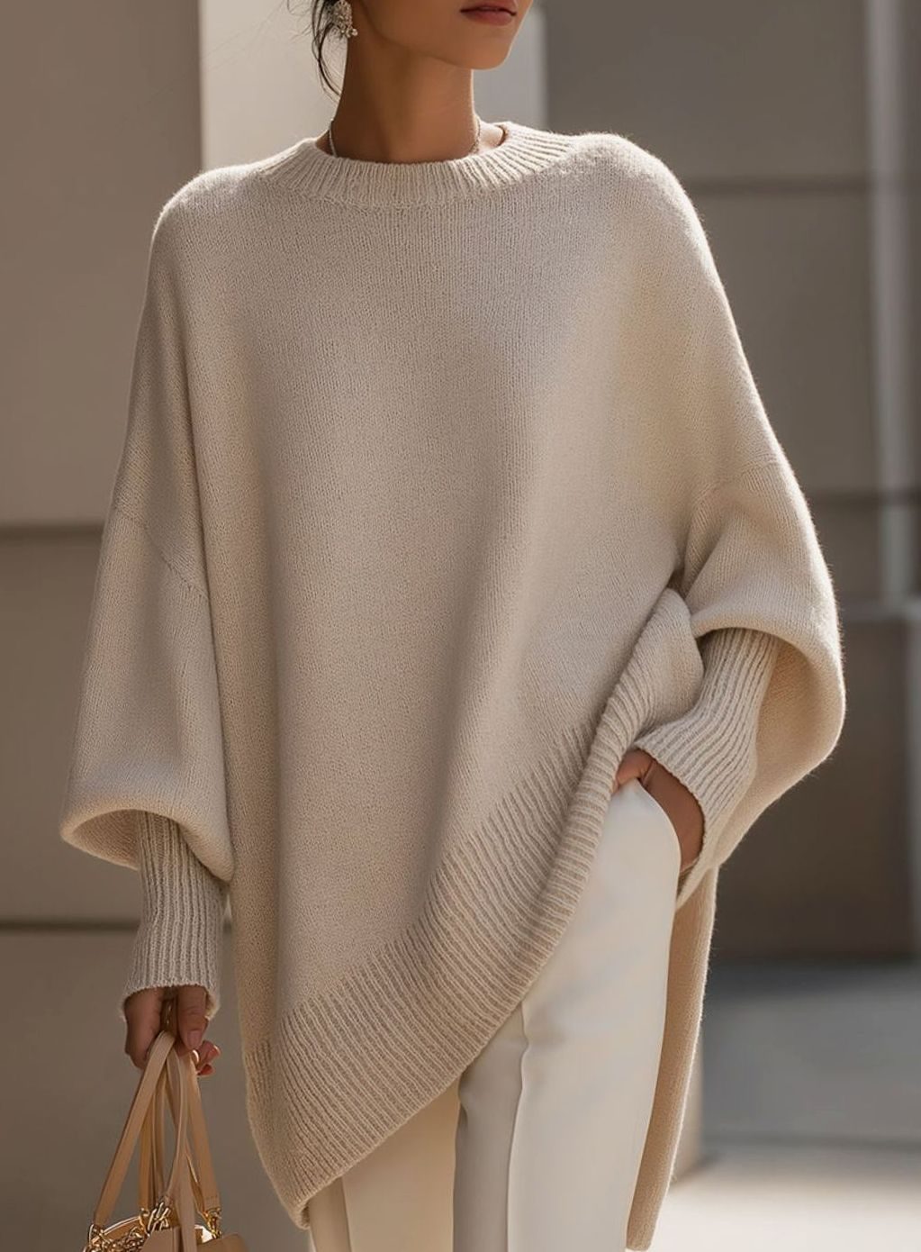 Women's Oversized Poncho Knit Batwing-Sleeve Asymmetric Jumper - Beige