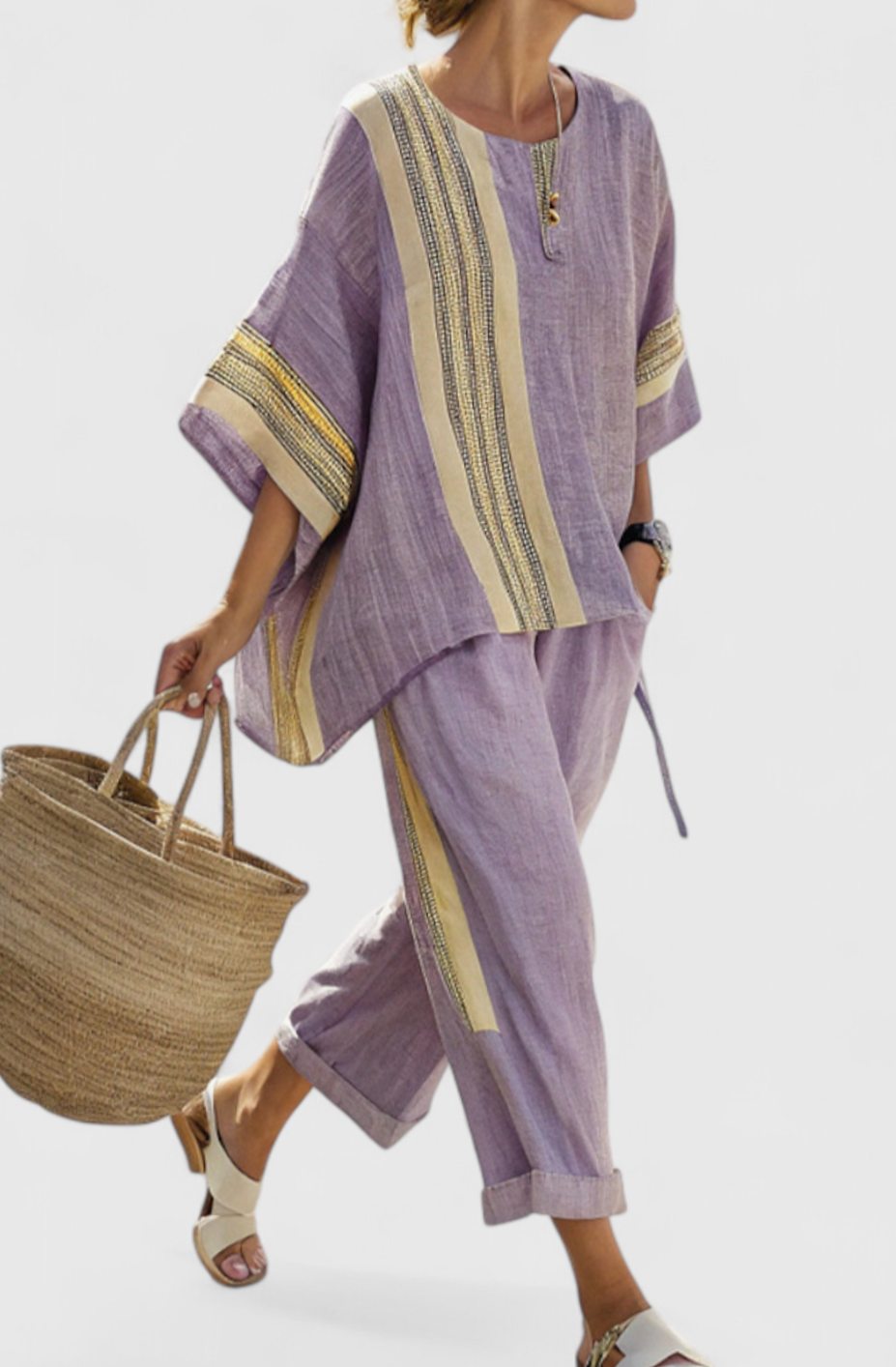 Women's Oversized Striped Linen-Blend Two-Piece Lounge Set