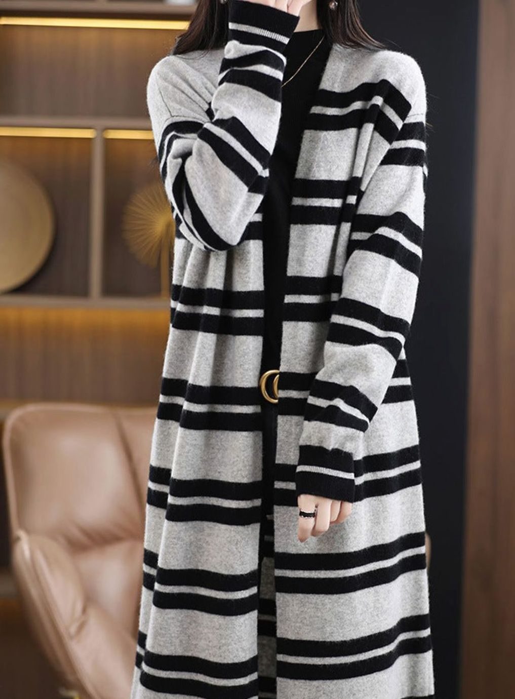 Women's Oversized Striped Open-Front Long Knit Cardigan
