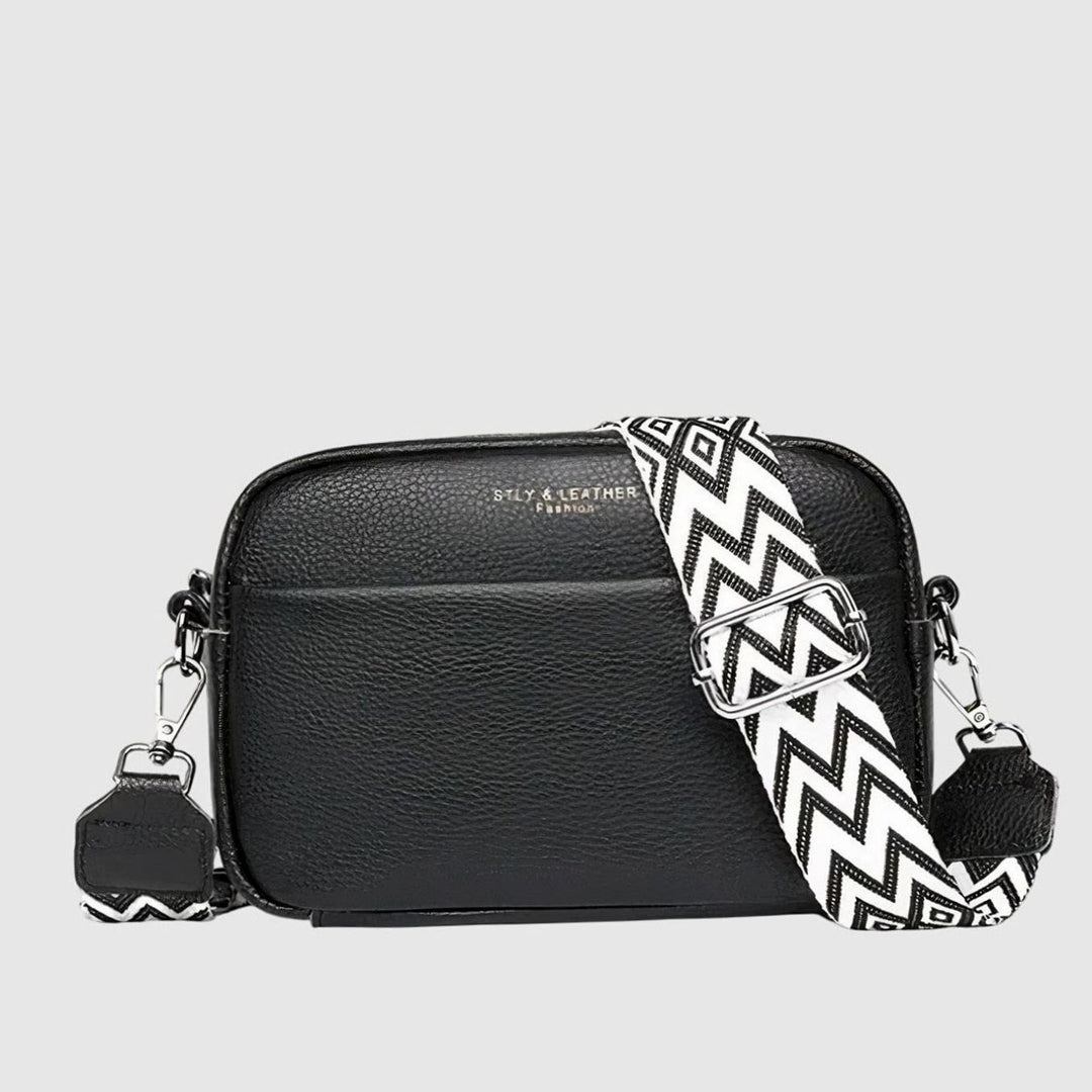 Women's Pebbled Faux Leather Crossbody Camera Bag Patterned Strap - Black