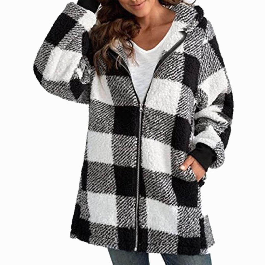 Women's Plaid Fleece Long Sleeve Zip-Up Hooded Coat - Black