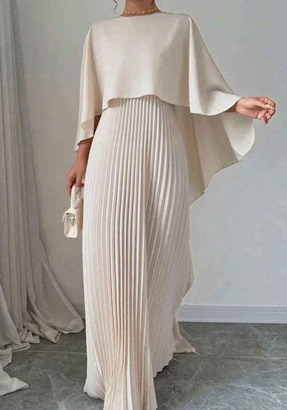 Women's Pleated Cape Overlay Batwing Sleeve Maxi Dress - Beige