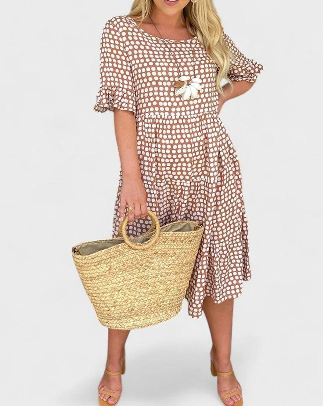 Women's Polka Dot Ruffle-Sleeve Tiered Midi Dress - Brown