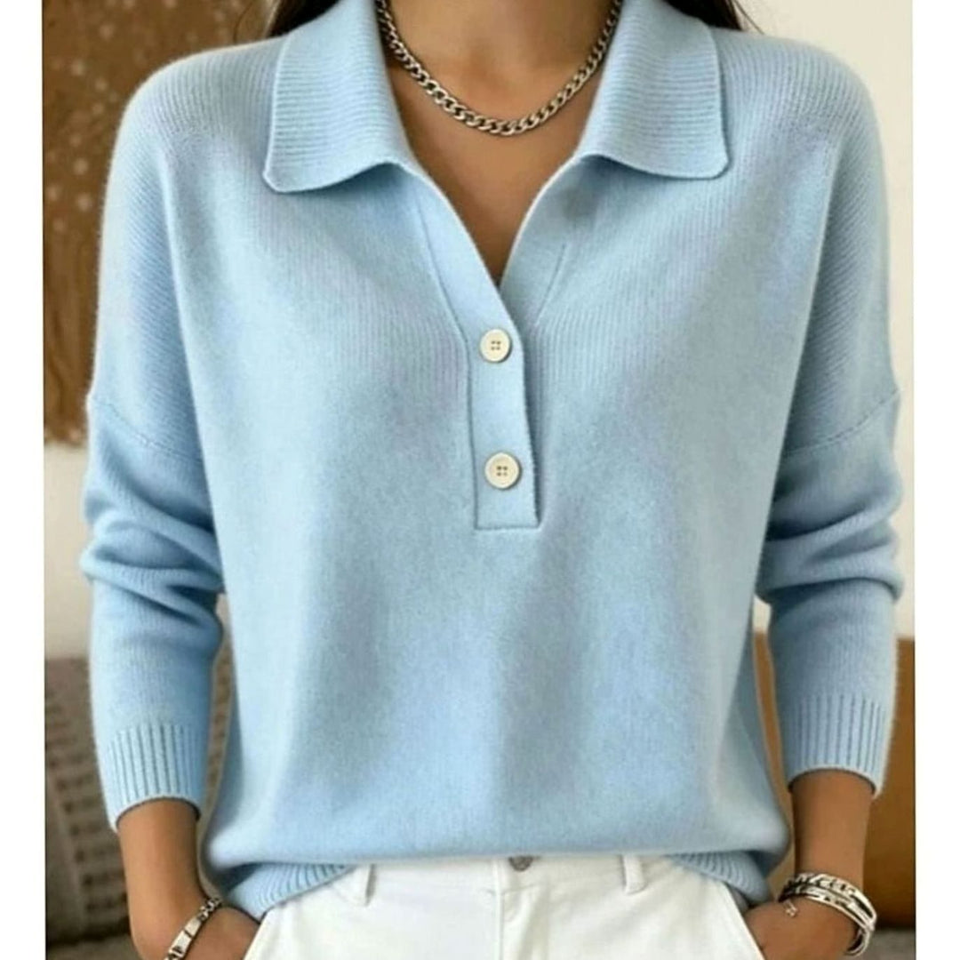 Women's Polo-Collar Button-Placket Knit Pullover Jumper - Blue