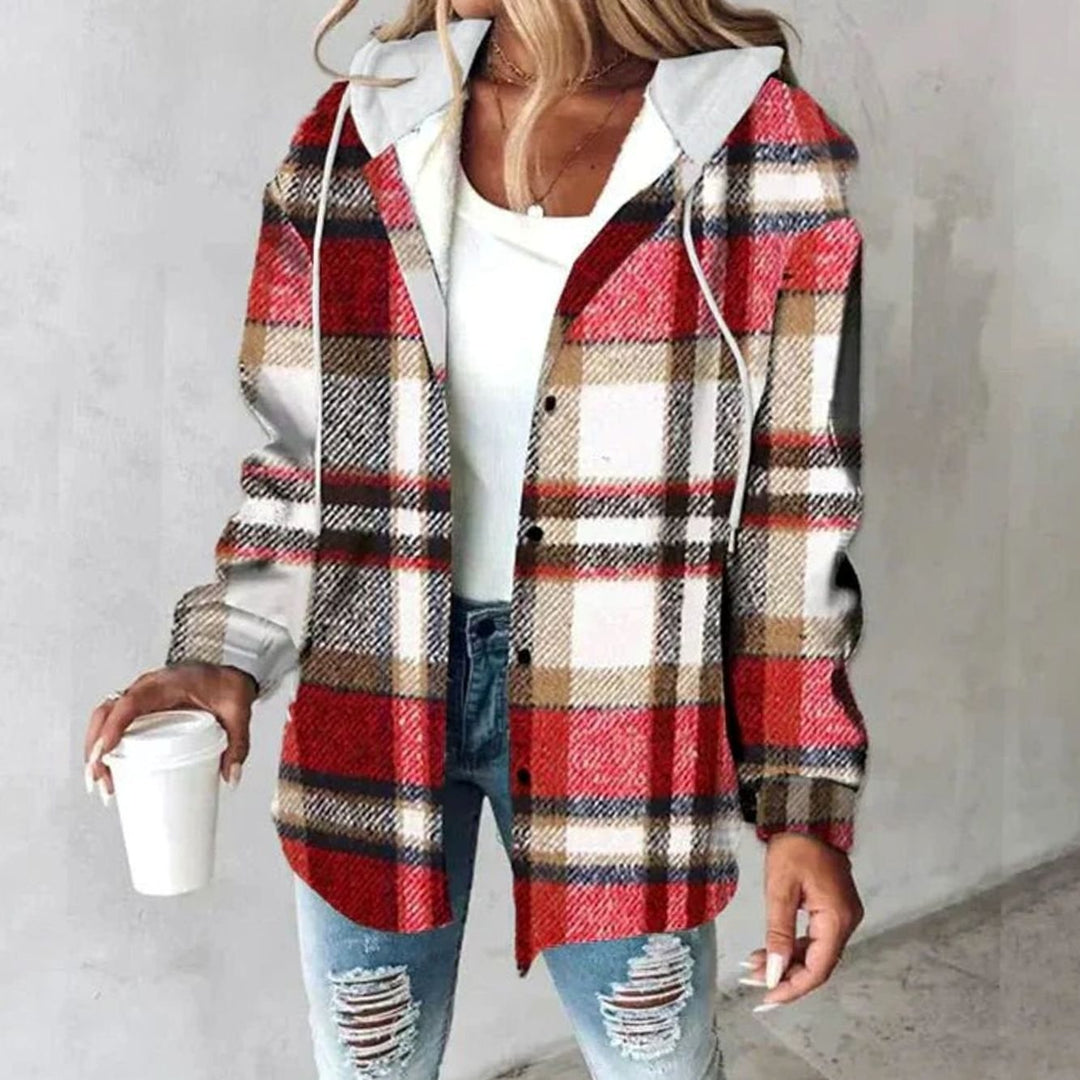 Women's Relaxed-Fit Checked Hooded Shacket Jacket - Red